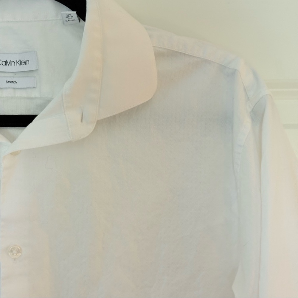 Calvin Klein Men’s White Refined Cotton Stretch Slim Fit Dress Shirt - Picture 9 of 14